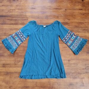 Scully Western Boho Floral Embroidered Teal Bohemian Bell Sleeve Mini Dress Sz L